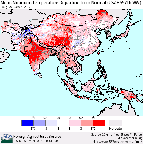 Asia Mean Minimum Temperature Departure from Normal (USAF 557th WW) Thematic Map For 8/29/2022 - 9/4/2022