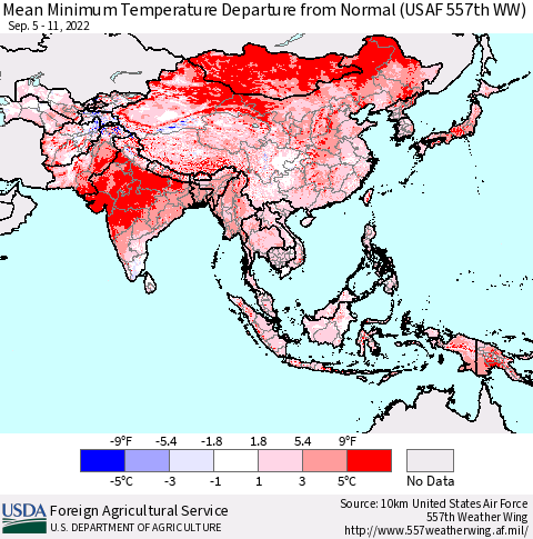 Asia Mean Minimum Temperature Departure from Normal (USAF 557th WW) Thematic Map For 9/5/2022 - 9/11/2022