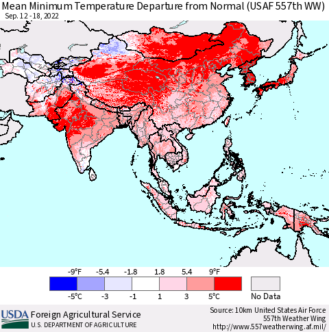 Asia Mean Minimum Temperature Departure from Normal (USAF 557th WW) Thematic Map For 9/12/2022 - 9/18/2022