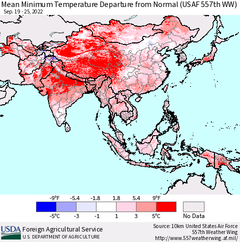 Asia Mean Minimum Temperature Departure from Normal (USAF 557th WW) Thematic Map For 9/19/2022 - 9/25/2022