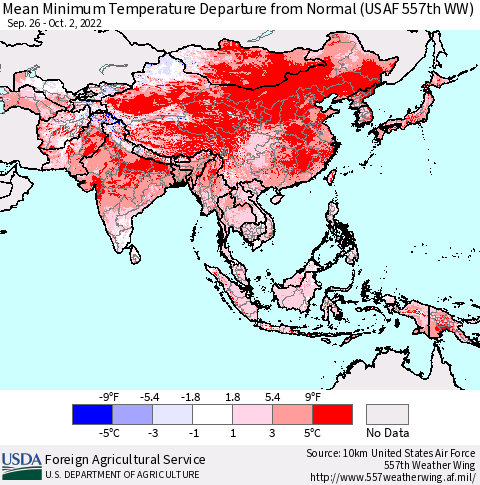 Asia Mean Minimum Temperature Departure from Normal (USAF 557th WW) Thematic Map For 9/26/2022 - 10/2/2022