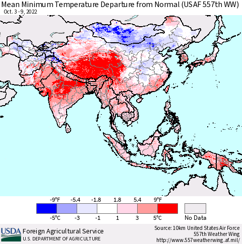Asia Mean Minimum Temperature Departure from Normal (USAF 557th WW) Thematic Map For 10/3/2022 - 10/9/2022
