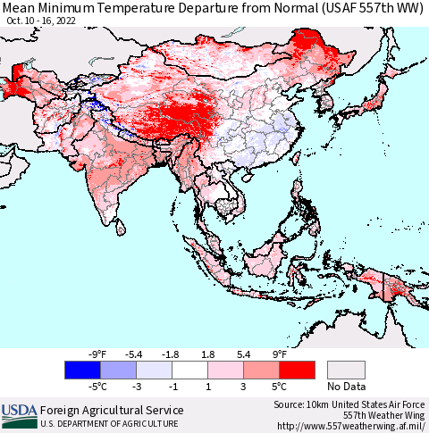 Asia Mean Minimum Temperature Departure from Normal (USAF 557th WW) Thematic Map For 10/10/2022 - 10/16/2022