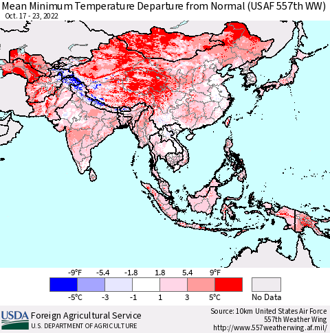 Asia Mean Minimum Temperature Departure from Normal (USAF 557th WW) Thematic Map For 10/17/2022 - 10/23/2022