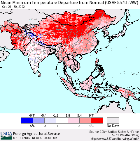 Asia Mean Minimum Temperature Departure from Normal (USAF 557th WW) Thematic Map For 10/24/2022 - 10/30/2022
