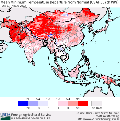 Asia Mean Minimum Temperature Departure from Normal (USAF 557th WW) Thematic Map For 10/31/2022 - 11/6/2022