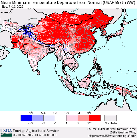 Asia Mean Minimum Temperature Departure from Normal (USAF 557th WW) Thematic Map For 11/7/2022 - 11/13/2022