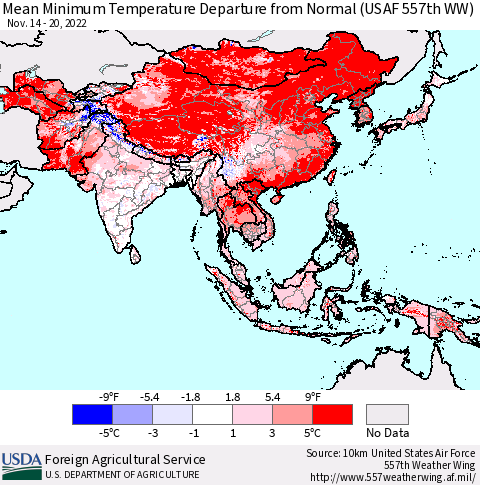 Asia Mean Minimum Temperature Departure from Normal (USAF 557th WW) Thematic Map For 11/14/2022 - 11/20/2022