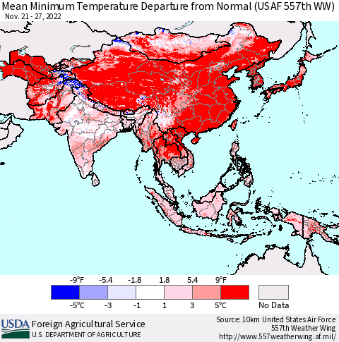 Asia Mean Minimum Temperature Departure from Normal (USAF 557th WW) Thematic Map For 11/21/2022 - 11/27/2022
