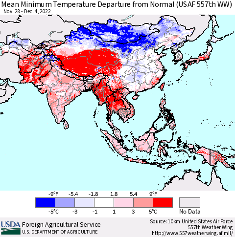 Asia Mean Minimum Temperature Departure from Normal (USAF 557th WW) Thematic Map For 11/28/2022 - 12/4/2022