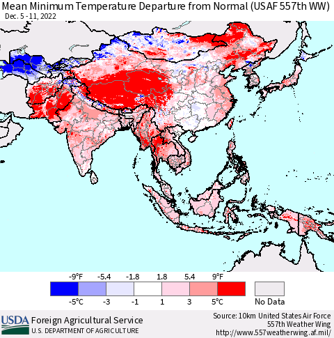 Asia Mean Minimum Temperature Departure from Normal (USAF 557th WW) Thematic Map For 12/5/2022 - 12/11/2022
