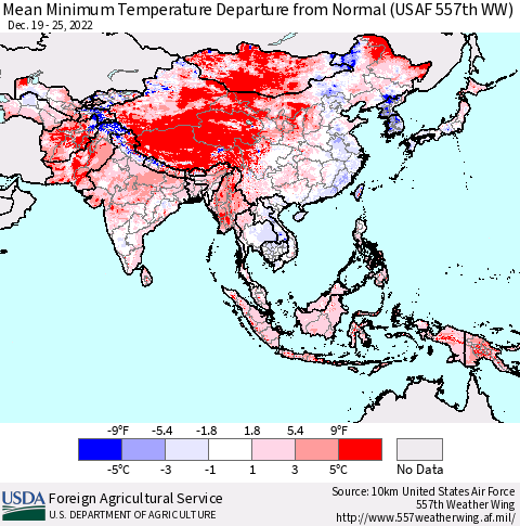 Asia Mean Minimum Temperature Departure from Normal (USAF 557th WW) Thematic Map For 12/19/2022 - 12/25/2022