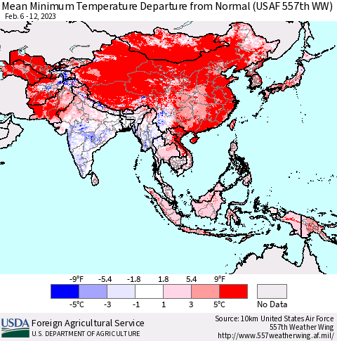 Asia Mean Minimum Temperature Departure from Normal (USAF 557th WW) Thematic Map For 2/6/2023 - 2/12/2023