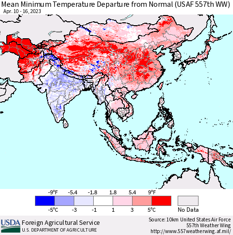Asia Mean Minimum Temperature Departure from Normal (USAF 557th WW) Thematic Map For 4/10/2023 - 4/16/2023