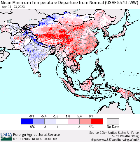 Asia Mean Minimum Temperature Departure from Normal (USAF 557th WW) Thematic Map For 4/17/2023 - 4/23/2023