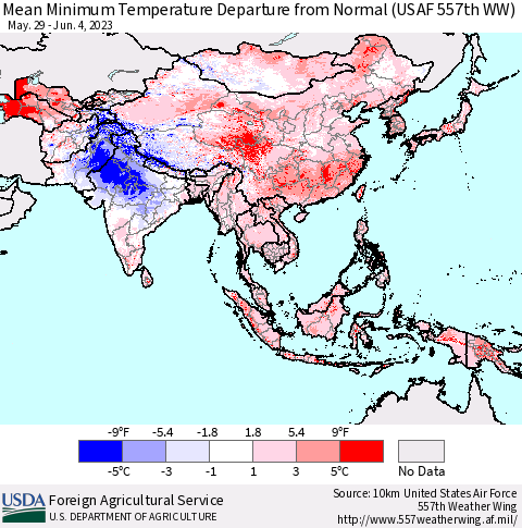 Asia Mean Minimum Temperature Departure from Normal (USAF 557th WW) Thematic Map For 5/29/2023 - 6/4/2023