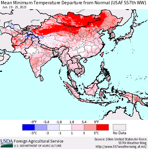 Asia Mean Minimum Temperature Departure from Normal (USAF 557th WW) Thematic Map For 6/19/2023 - 6/25/2023