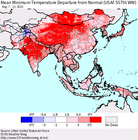 Asia Mean Minimum Temperature Departure from Normal (USAF 557th WW) Thematic Map For 8/7/2023 - 8/13/2023