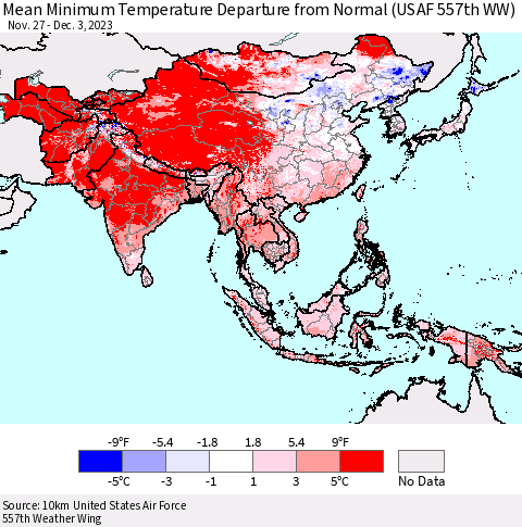 Asia Mean Minimum Temperature Departure from Normal (USAF 557th WW) Thematic Map For 11/27/2023 - 12/3/2023