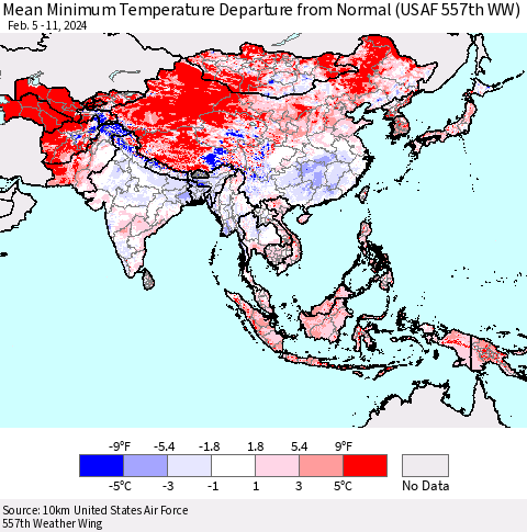 Asia Mean Minimum Temperature Departure from Normal (USAF 557th WW) Thematic Map For 2/5/2024 - 2/11/2024