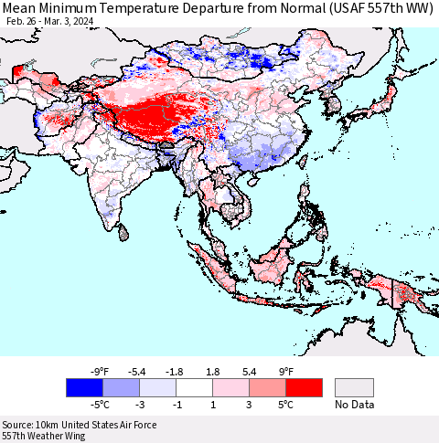 Asia Mean Minimum Temperature Departure from Normal (USAF 557th WW) Thematic Map For 2/26/2024 - 3/3/2024
