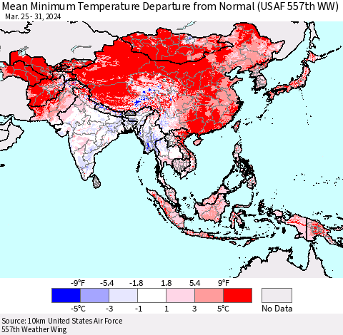 Asia Mean Minimum Temperature Departure from Normal (USAF 557th WW) Thematic Map For 3/25/2024 - 3/31/2024