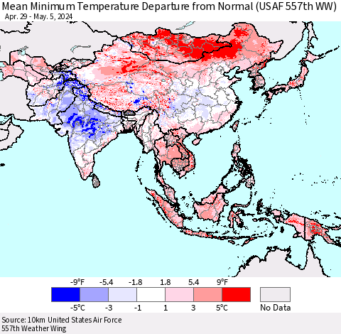 Asia Mean Minimum Temperature Departure from Normal (USAF 557th WW) Thematic Map For 4/29/2024 - 5/5/2024