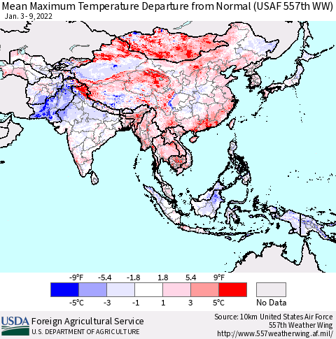 Asia Mean Maximum Temperature Departure from Normal (USAF 557th WW) Thematic Map For 1/3/2022 - 1/9/2022