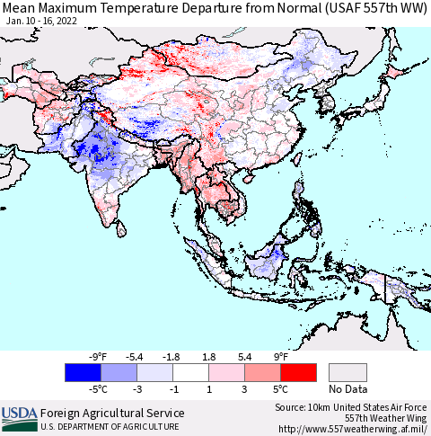 Asia Mean Maximum Temperature Departure from Normal (USAF 557th WW) Thematic Map For 1/10/2022 - 1/16/2022