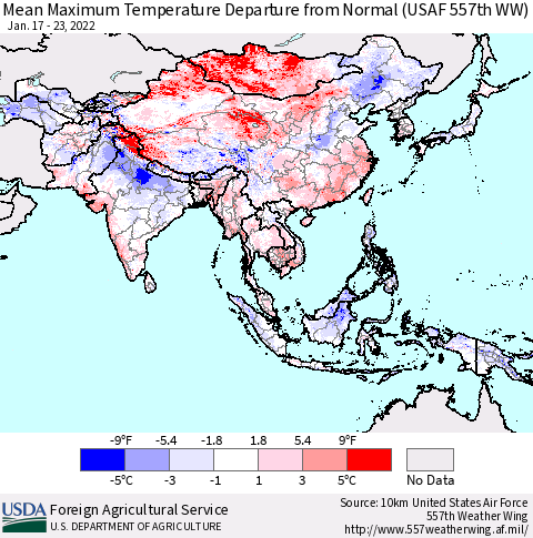 Asia Mean Maximum Temperature Departure from Normal (USAF 557th WW) Thematic Map For 1/17/2022 - 1/23/2022
