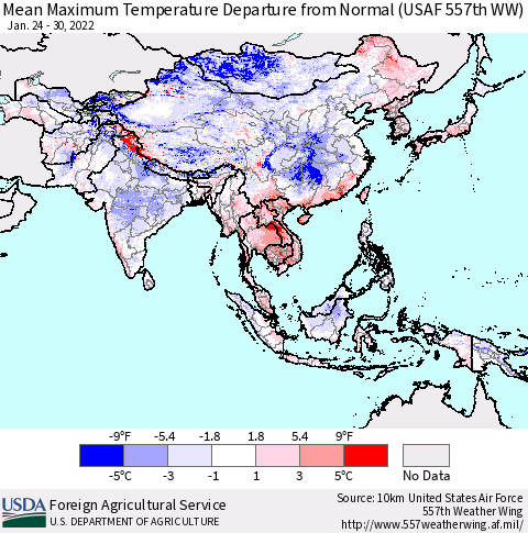 Asia Mean Maximum Temperature Departure from Normal (USAF 557th WW) Thematic Map For 1/24/2022 - 1/30/2022