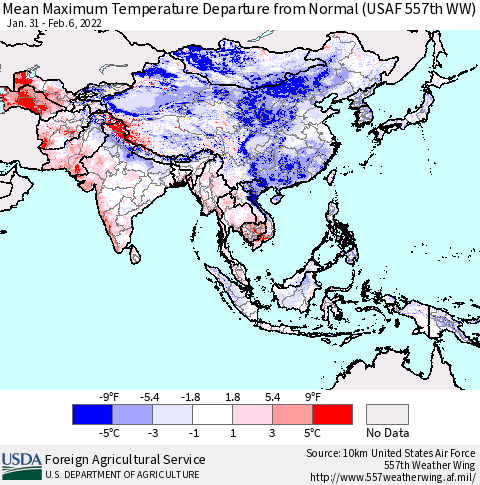 Asia Mean Maximum Temperature Departure from Normal (USAF 557th WW) Thematic Map For 1/31/2022 - 2/6/2022