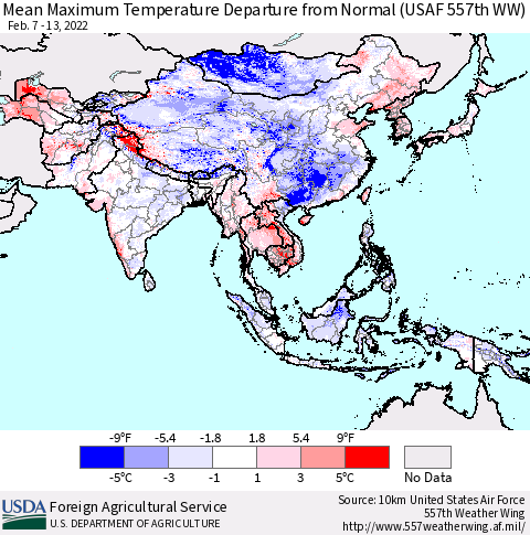 Asia Mean Maximum Temperature Departure from Normal (USAF 557th WW) Thematic Map For 2/7/2022 - 2/13/2022