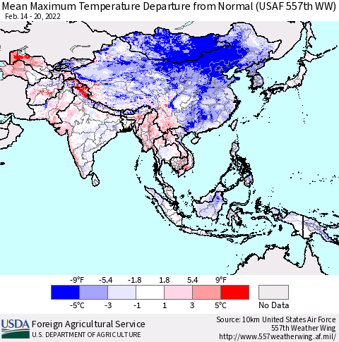 Asia Mean Maximum Temperature Departure from Normal (USAF 557th WW) Thematic Map For 2/14/2022 - 2/20/2022