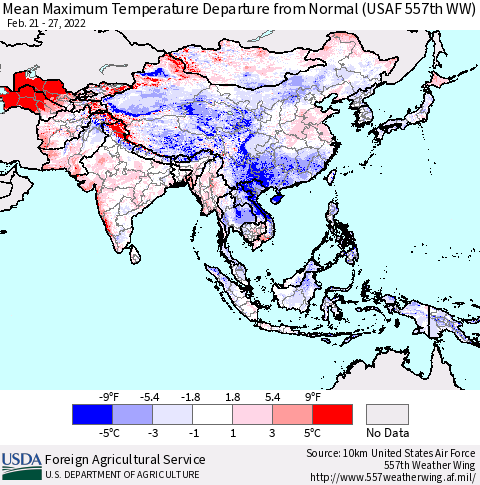 Asia Mean Maximum Temperature Departure from Normal (USAF 557th WW) Thematic Map For 2/21/2022 - 2/27/2022