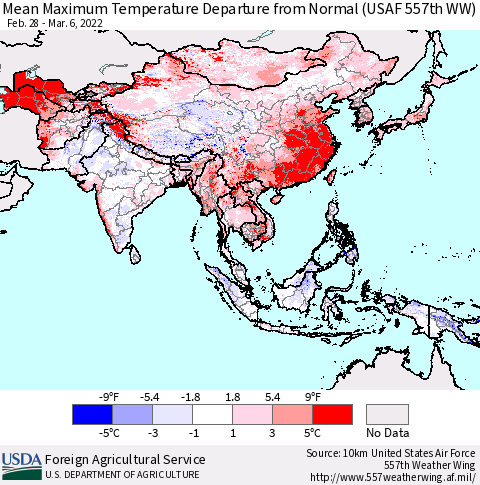 Asia Mean Maximum Temperature Departure from Normal (USAF 557th WW) Thematic Map For 2/28/2022 - 3/6/2022