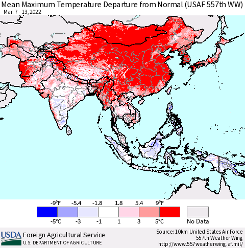 Asia Mean Maximum Temperature Departure from Normal (USAF 557th WW) Thematic Map For 3/7/2022 - 3/13/2022