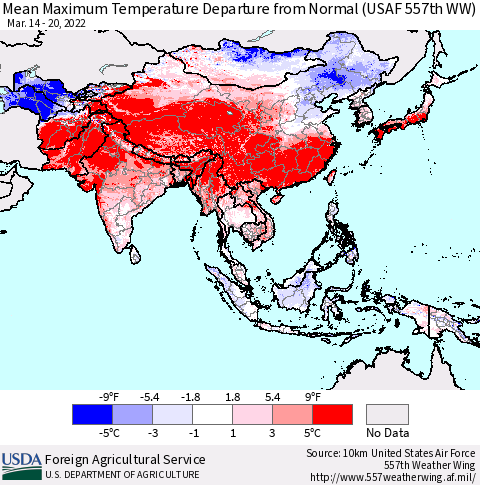 Asia Mean Maximum Temperature Departure from Normal (USAF 557th WW) Thematic Map For 3/14/2022 - 3/20/2022