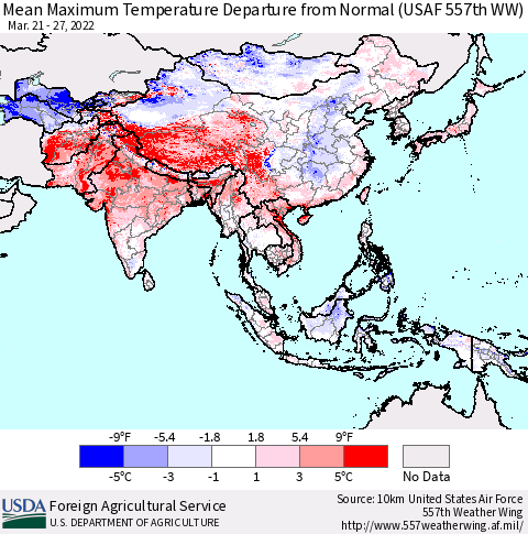 Asia Mean Maximum Temperature Departure from Normal (USAF 557th WW) Thematic Map For 3/21/2022 - 3/27/2022