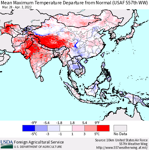 Asia Mean Maximum Temperature Departure from Normal (USAF 557th WW) Thematic Map For 3/28/2022 - 4/3/2022