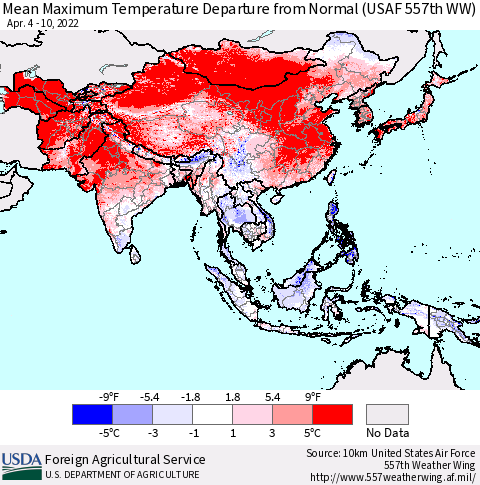 Asia Mean Maximum Temperature Departure from Normal (USAF 557th WW) Thematic Map For 4/4/2022 - 4/10/2022