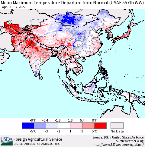 Asia Mean Maximum Temperature Departure from Normal (USAF 557th WW) Thematic Map For 4/11/2022 - 4/17/2022