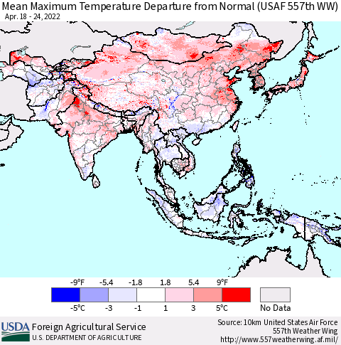 Asia Mean Maximum Temperature Departure from Normal (USAF 557th WW) Thematic Map For 4/18/2022 - 4/24/2022
