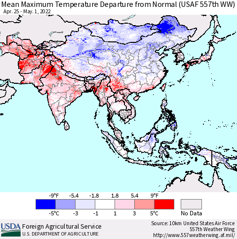 Asia Mean Maximum Temperature Departure from Normal (USAF 557th WW) Thematic Map For 4/25/2022 - 5/1/2022