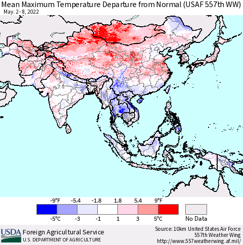 Asia Mean Maximum Temperature Departure from Normal (USAF 557th WW) Thematic Map For 5/2/2022 - 5/8/2022
