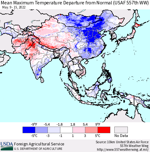 Asia Mean Maximum Temperature Departure from Normal (USAF 557th WW) Thematic Map For 5/9/2022 - 5/15/2022