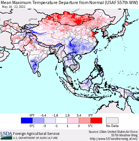Asia Mean Maximum Temperature Departure from Normal (USAF 557th WW) Thematic Map For 5/16/2022 - 5/22/2022