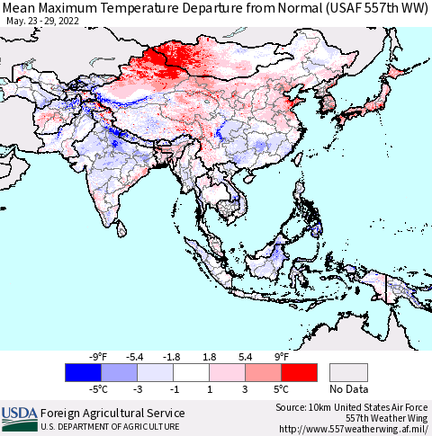 Asia Mean Maximum Temperature Departure from Normal (USAF 557th WW) Thematic Map For 5/23/2022 - 5/29/2022