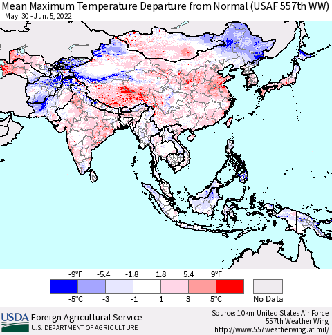 Asia Mean Maximum Temperature Departure from Normal (USAF 557th WW) Thematic Map For 5/30/2022 - 6/5/2022