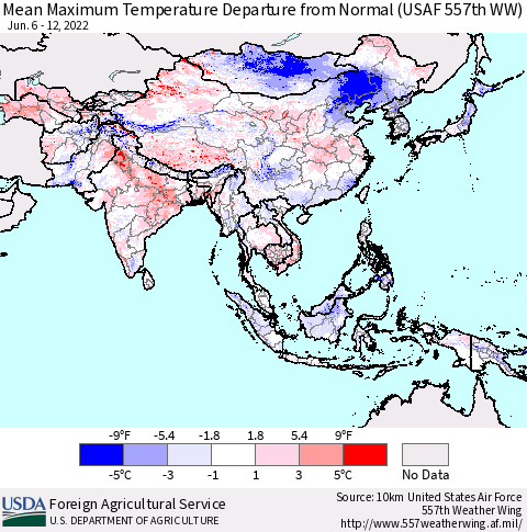 Asia Mean Maximum Temperature Departure from Normal (USAF 557th WW) Thematic Map For 6/6/2022 - 6/12/2022
